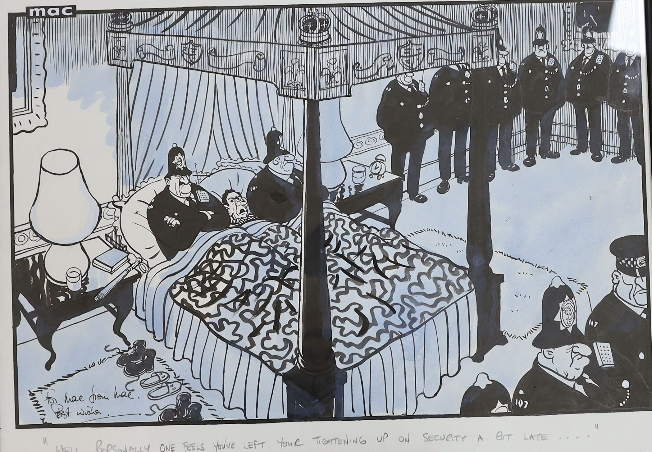 Mac - Stanley McMurtry (1936-), two original ink and watercolour cartoons, 'Job Cuts' and 'Royal Security', both with presentation inscriptions, largest 38 x 56cm